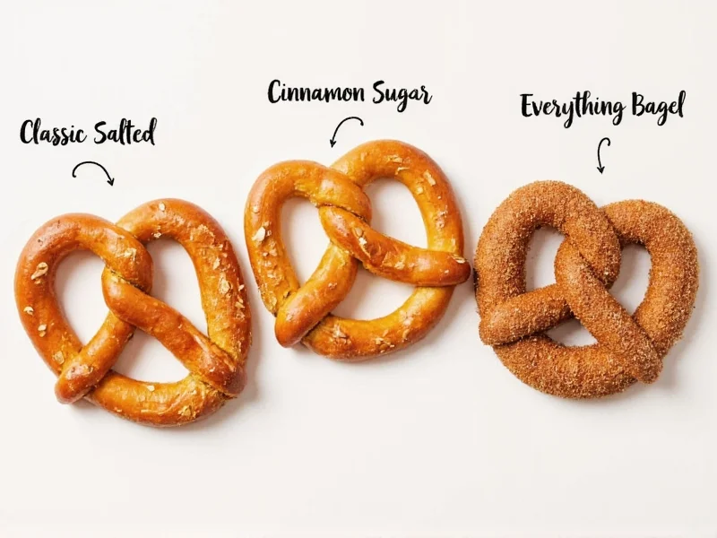 Three pretzel variations: classic salted, cinnamon sugar, and everything bagel