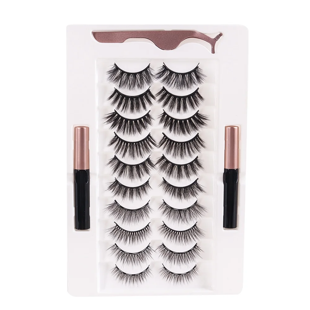 

Customized Faux Magnet Lashes Set Private Label 10 Pair Waterproof 3d Mink False Magnetic Eyelashes Kit With Eyeliner, Custom color