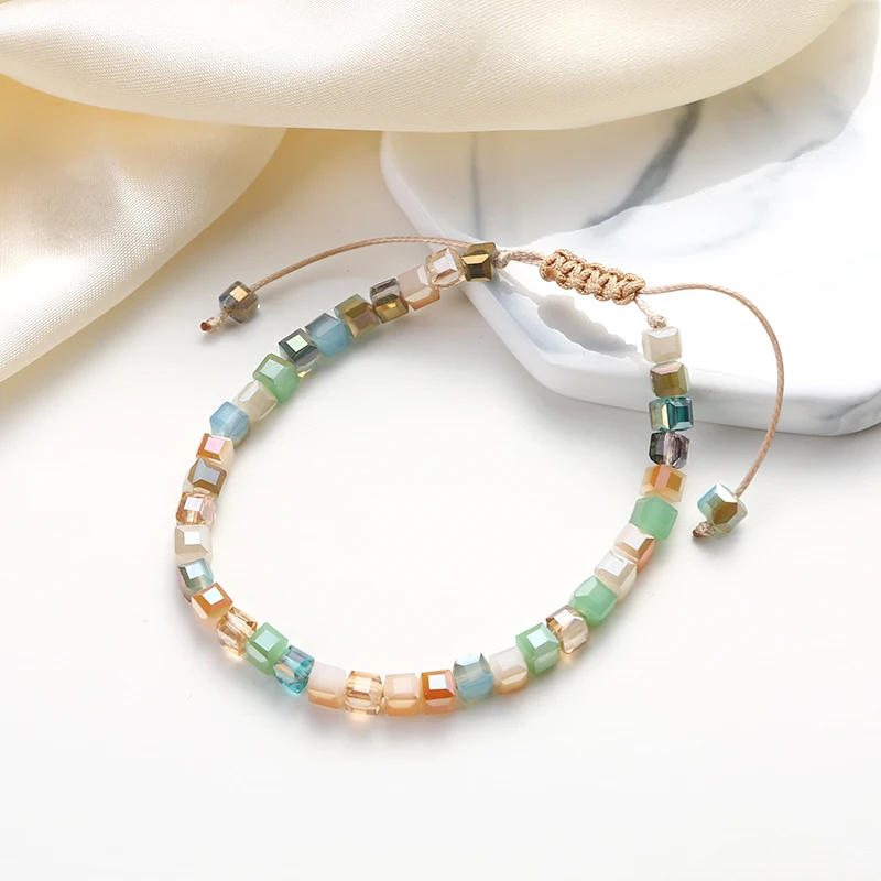 

Square boho college style ladies crystal beaded colorful bead bracelet