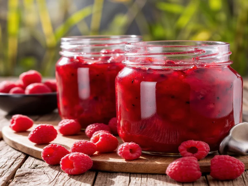 Jars of homemade raspberry jam with fresh berries on wooden table