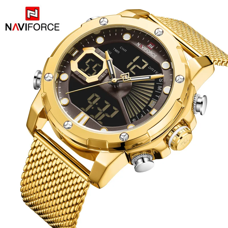 

NAVIFORCE 9172 Men Sport Watches Luxury Gold Quartz Steel Strap Waterproof Military Digital Wrist Watch Clock Relogio Masculino