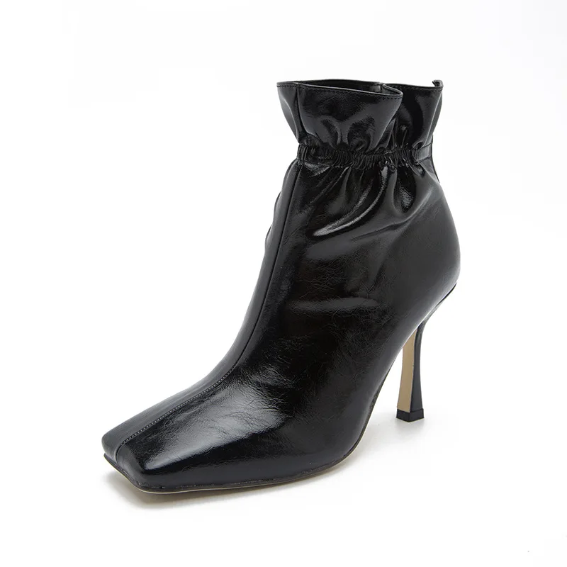 

sh12225a New Arrival Women Ankle Boots Black Leather Thin Heels 9 cm Zipper Square Toe Pleated Winter Shoes Women