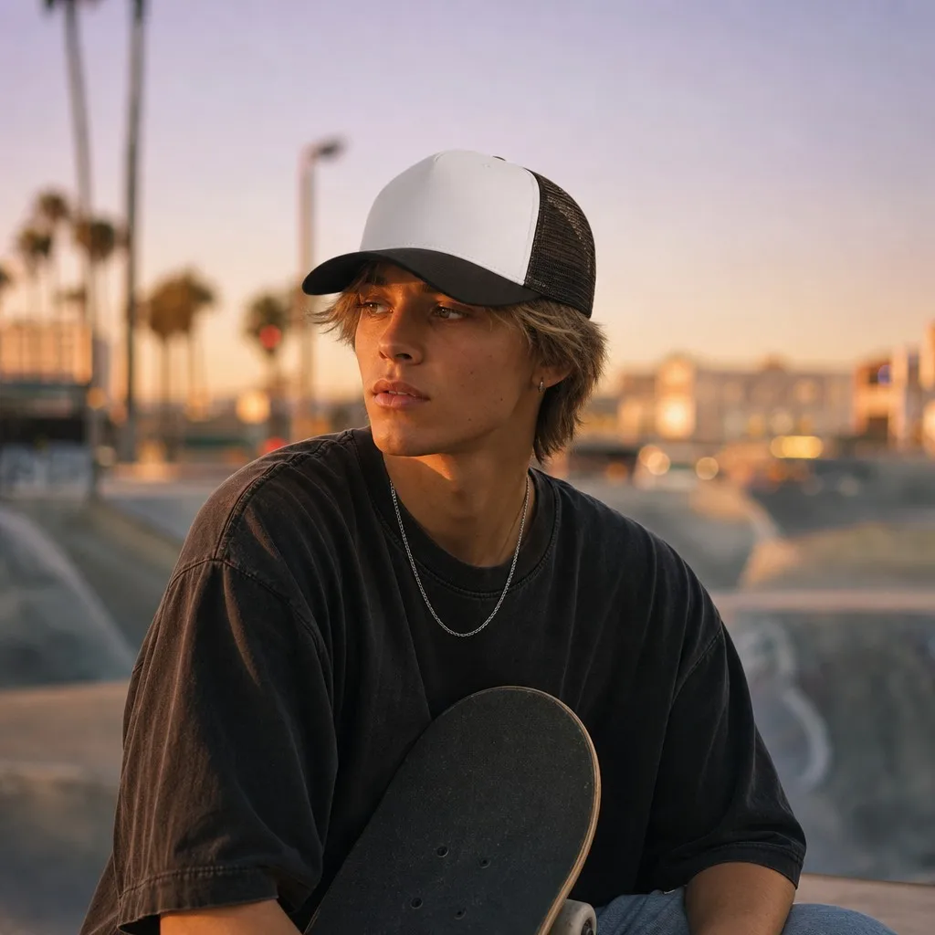 Young Skater at Sunset Skatepark Wearing Two-Tone White and Black Visor Mesh Trucker Cap