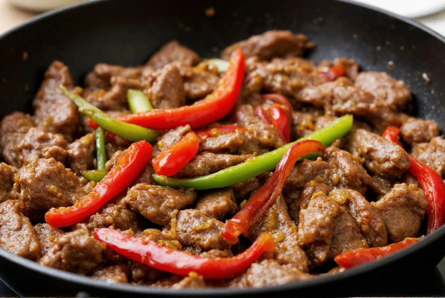 Close-up of perfectly cooked pepper steak with glistening sauce, vibrant bell peppers, and tender beef strips in a black wok