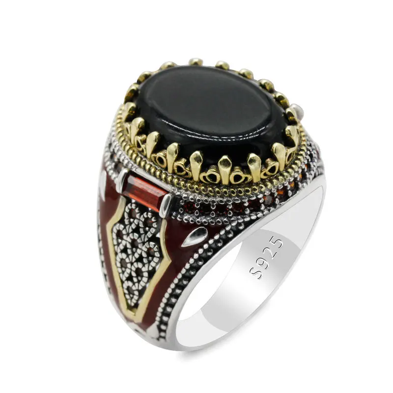 

Wholesale Two-Tone Vintage Turkish Silver Ring Men 925 Sterling Silver Men's Ring Agate Stone Ring, Red;blue;black;rose gold