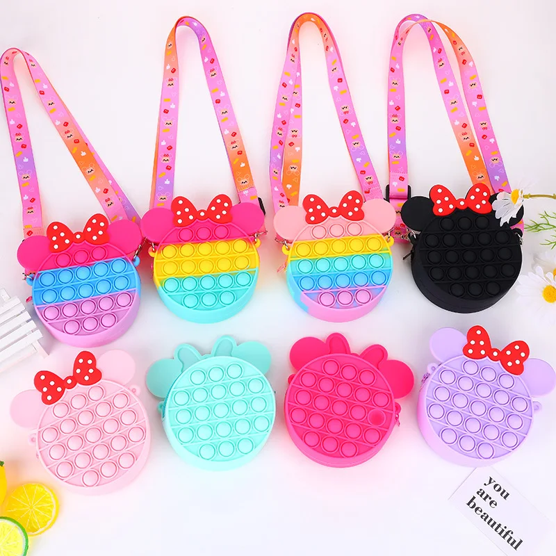 

kids purses 2021 pink mickey mouse pop it messenger bags silicone mickey head pop it coin purse crossbody bag for toddler, Rainbow