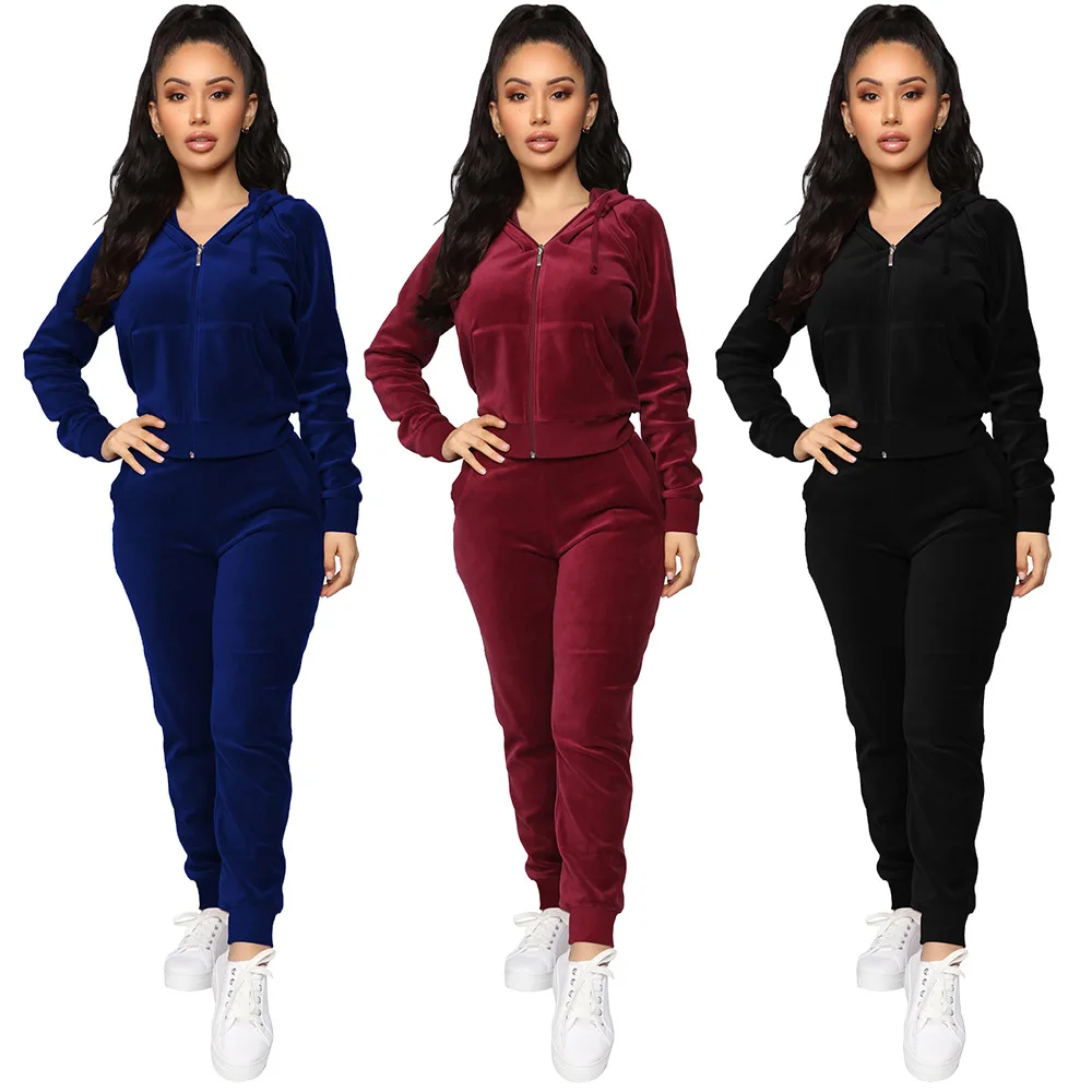 

Custom printed Women Track Suit Set 2 Piece Velvet Sweat suits Jogging Sweatshirt Sweatpants
