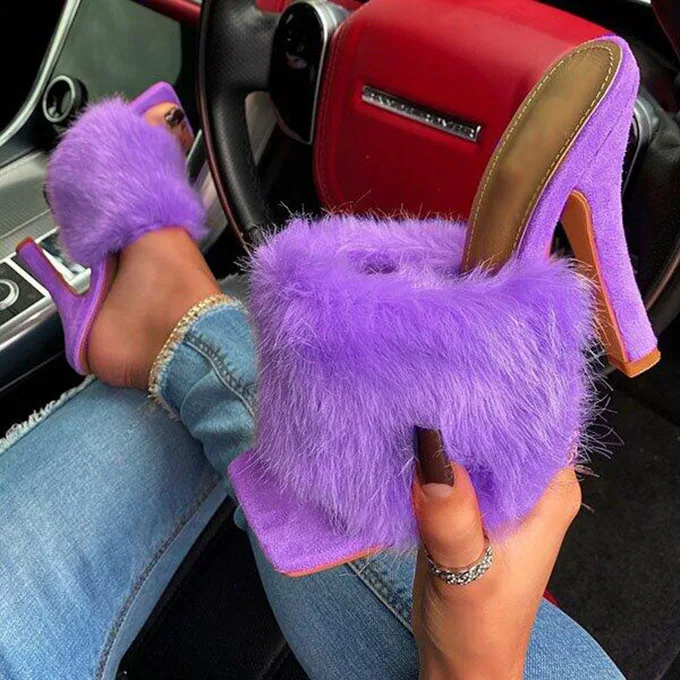 

2022 New Fashion Faux Suede Ladies High Heels Stilettos Square Toe Slides Fluffy Faux Fur Women Heeled Sandals, Picture