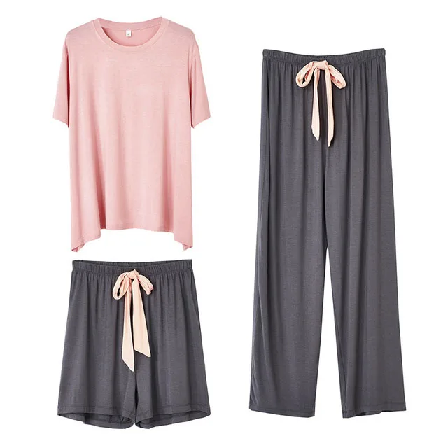 

3Pcs Bow Modal Sleepwear Women Soft Summer Pajamas Set Short Sleeve Sleep Tops + Shorts +Pants Lounge Wear Woman Home Clothes