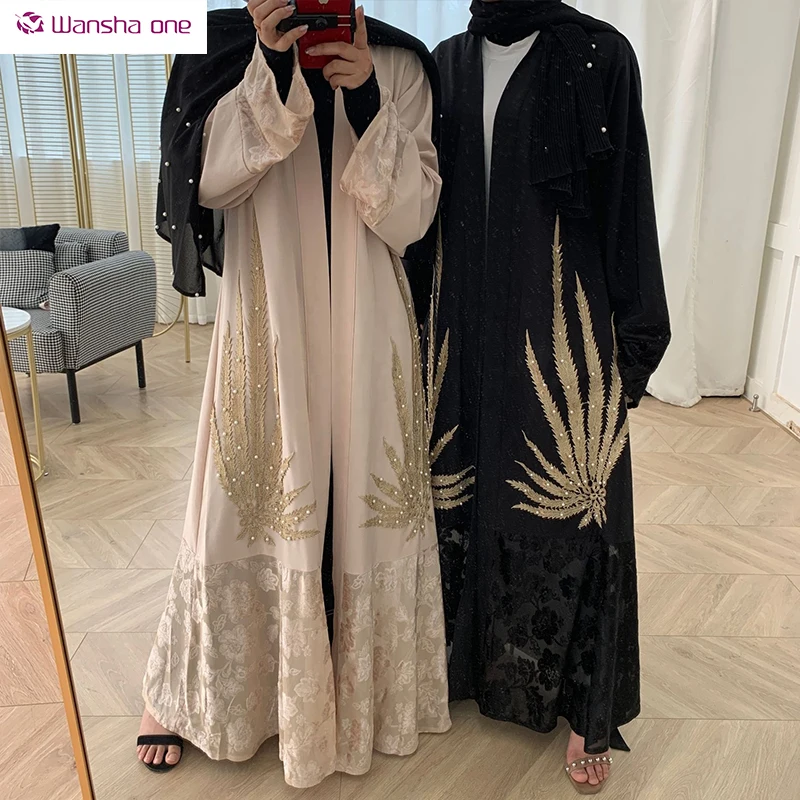 

2021 New abayas designs moslem muslim dresses gold embroidery lace front open luxury abaya dubai dress, Picture color