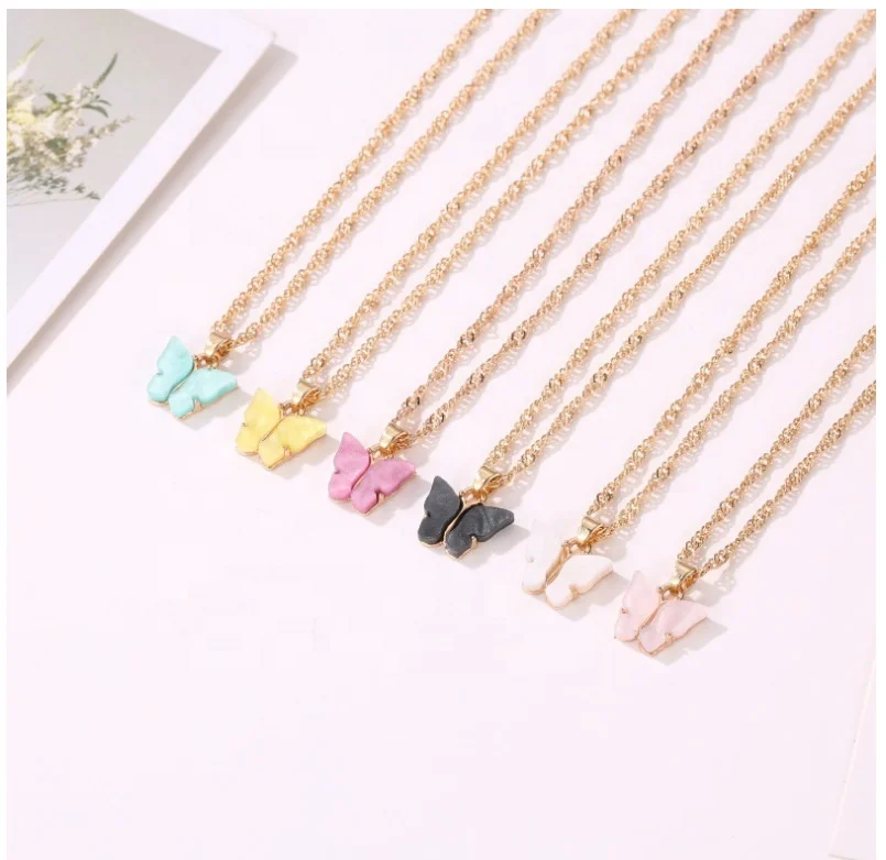 

Wholesale Popular Fashion Female Chocker Colorful Crystal Acrylic Butterfly Pendant Necklace for Women Jewelry, As the pictures show