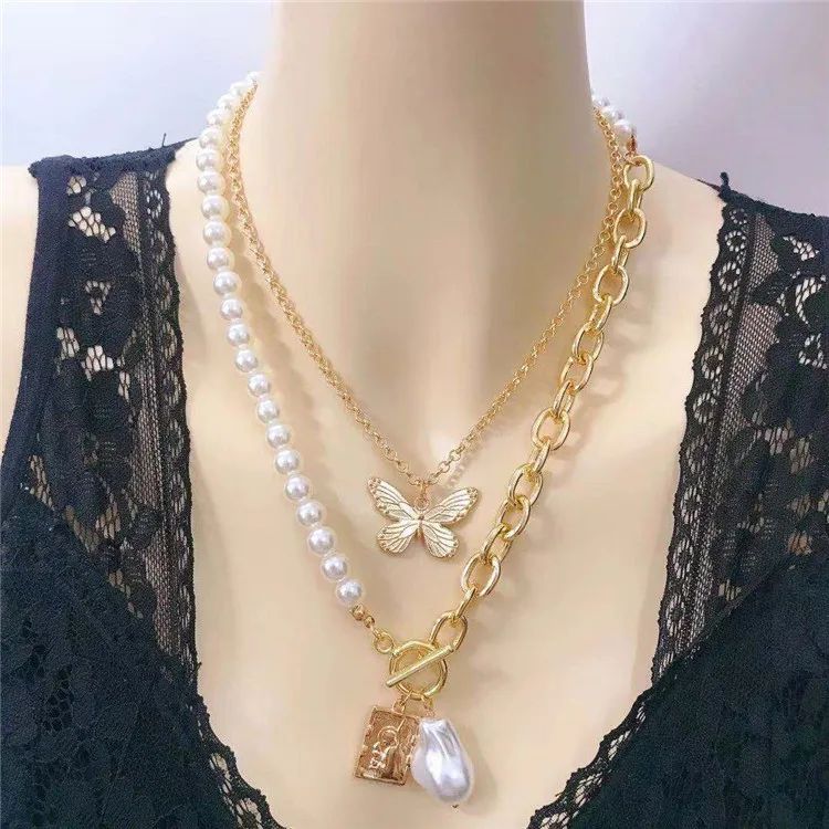 

2021 New Alloy Double Layer Butterfly Baroque Pearl Pendant Gold Chain Spliced Necklace For Girl Women, Gold, silver, customized