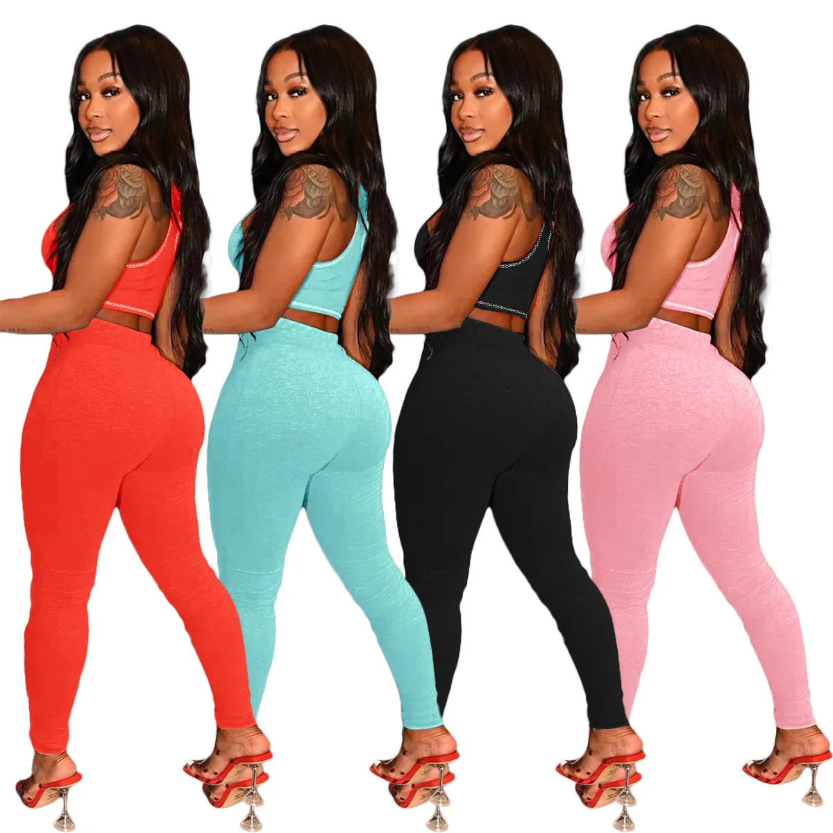 

HT-6072 Fashion Women'S Yoga Leisure Sports Suit Solid Color Two-Piece Suit