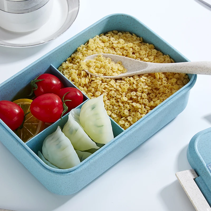 

Microwave Safe Reusable 3 Compartment PP Plastic Wheat Lunch Bento Box, Blue/pink/green/beige