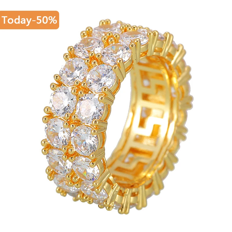 

Two Row Men's Ring Brass Gold Silver Color Cubic Zircon Iced Ring Fashion Hip Hop Jewelry