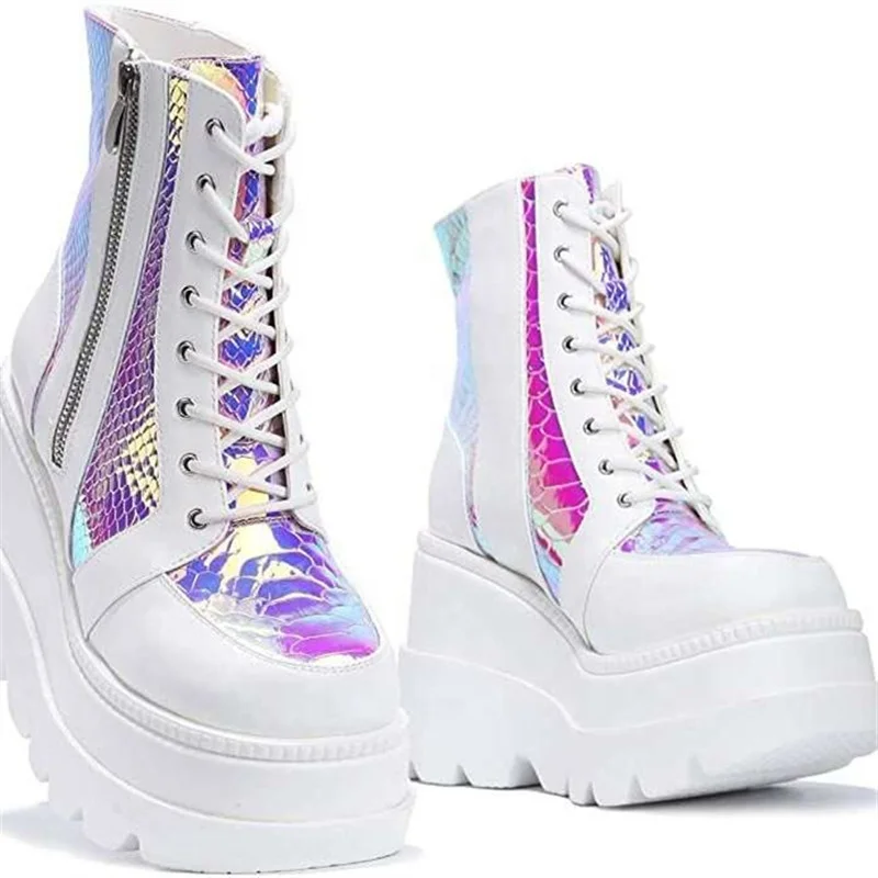 

New Arrival Fashion Platform Round Toe Booties High Top Camouflage Leather Heel Ankle Boots Women Shoes