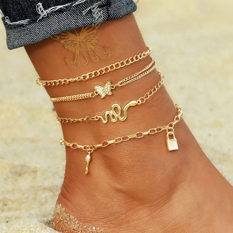 

SC 2022 Summer Vintage Multilayer Anklets Women Beach Foot Jewelry Bohemian 4pcs/set Lock Key Snake Butterfly Anklets for Women