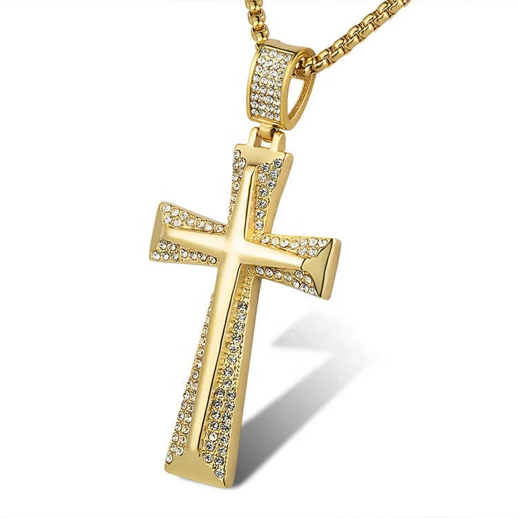 

High Quality Hip Hop Iced Out Full Crystal Rhinestone Stainless Steel Gold Plated Christian Jesus Cross Pendant Necklace Jewelry