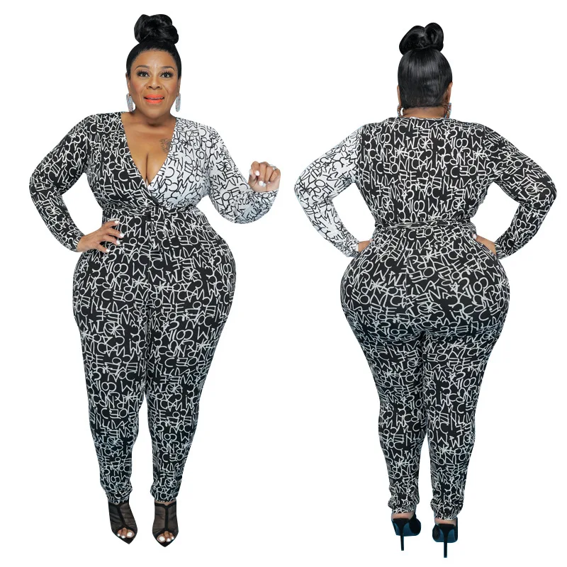 

2021 summer new plus size irregular printing letter fashion jumpsuit, Picture color