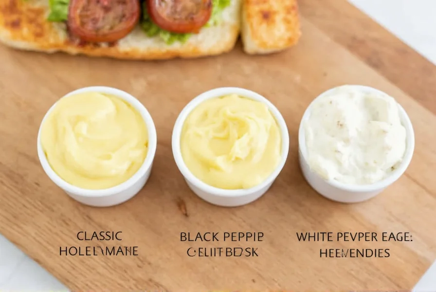 Three small ramekins showing classic hollandaise, black pepper hollandaise, and white pepper hollandaise side by side