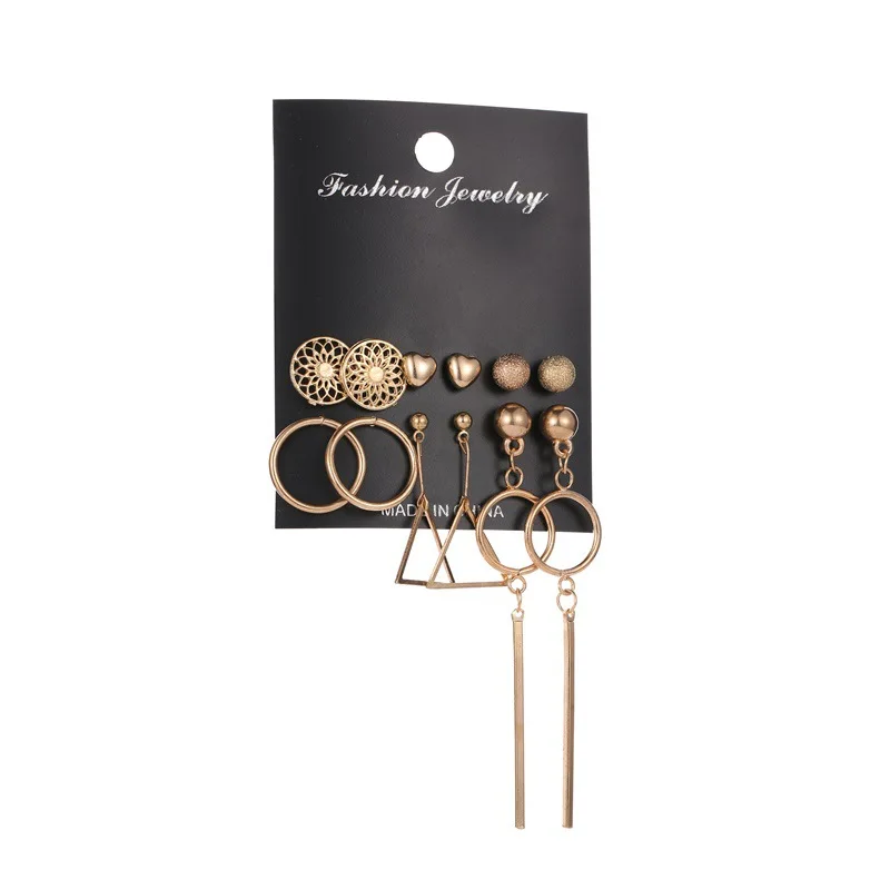 

Creative love frosted geometric design tassel stud female gold hollow 6 piece earrings sets