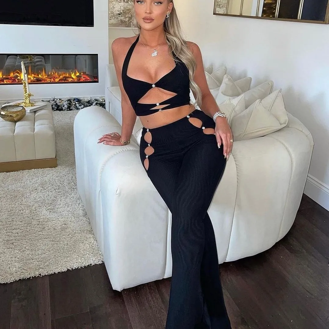 

High Quality 2022 Bandage Hollow Out Clothes Women Sexy Halter Tank Top Pants Two piece set, Black,apricot