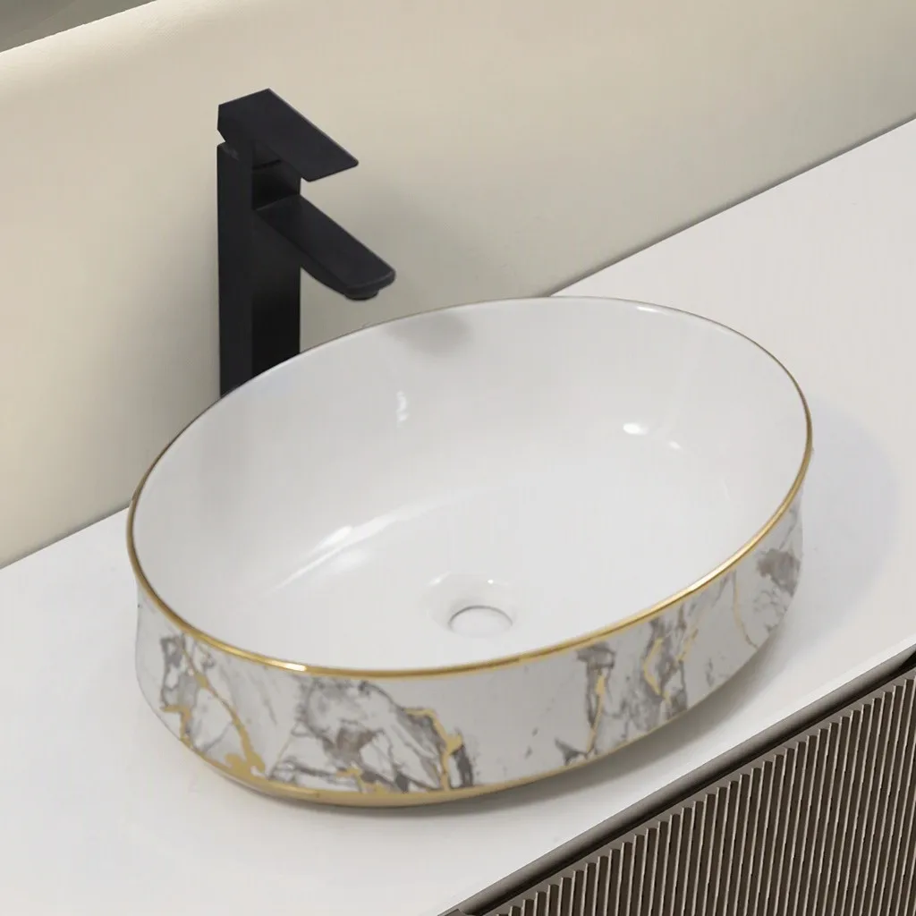 modern-bathroom-sink-bowl-9745A-E-550-luxury-oval-vessel-basin-dual-gold-rim-calacatta-marble-veining-matte-black-faucet