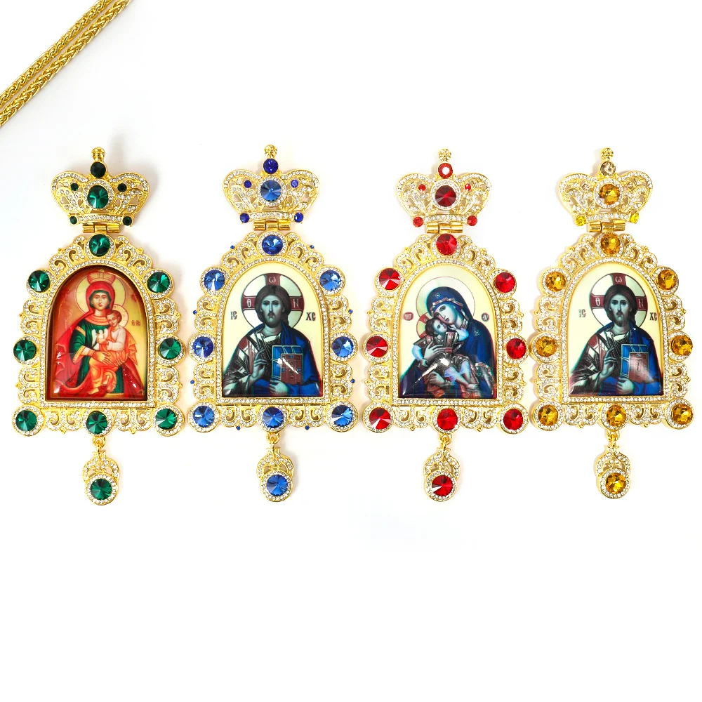 

ZD042 Arch Design Orthodox 18k Gold Plating Engolpion Pectoral Cross Necklace with Jesus Virgin Mary Icon and Colorful Diamond
