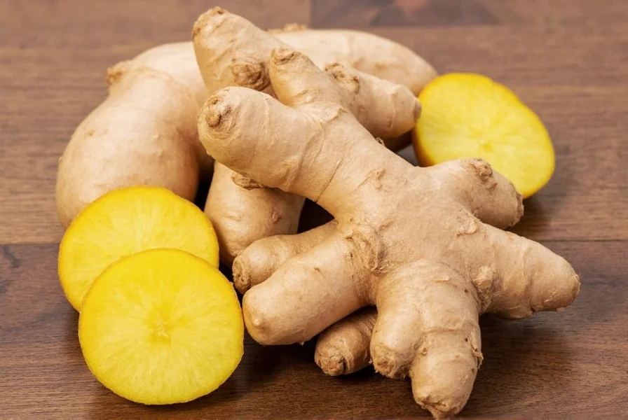 Various ginger varieties including fresh young ginger, mature ginger root, dried ginger powder, and preserved ginger arranged on wooden surface