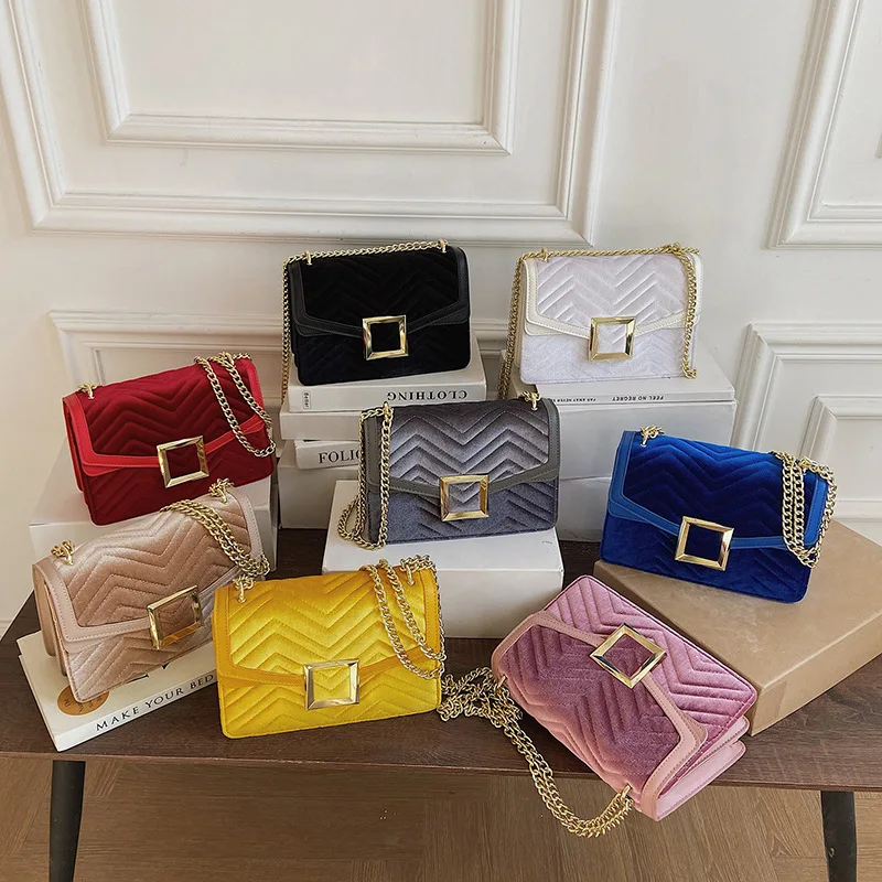 

2022 ladies fashion new Velvet small square covered embroidery thread texture chain women handbags and purse