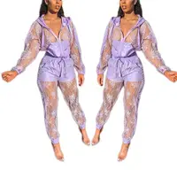 

A080065 new design lace patchwork see through hooded loose two piece pants set woman clothing