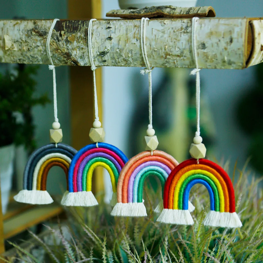 

Nordic Hand-woven Cotton Bohemian Rainbow Tassel Rope Car Pendant for Children Room Home Decoration