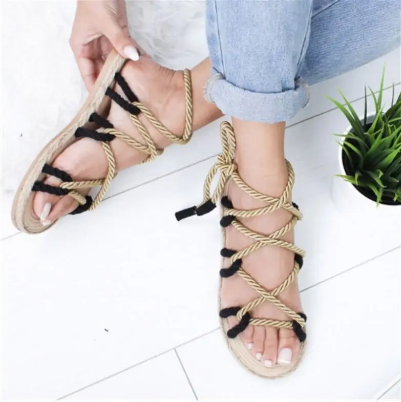 

2021 New Style Hemp Rope Flat Sandals Sexy Women Lace Up Platform Sandals