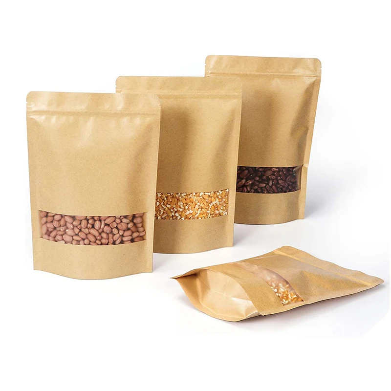 

Wholesales Natural Kraft Paper Food Packaging Bags With Clear Rectangle Window Display