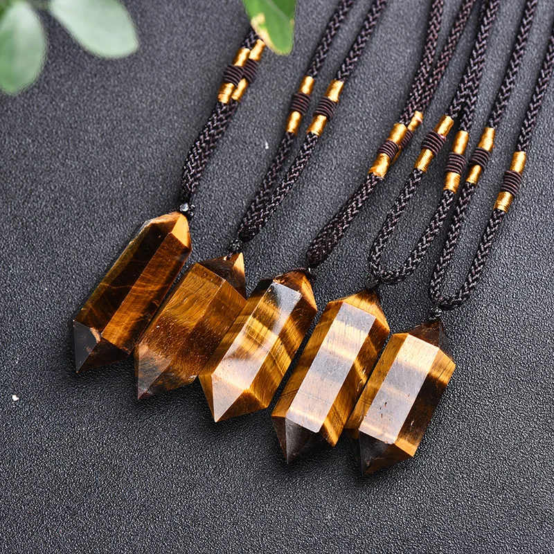 

Healing Double Point Hexagonal Column Real Raw Natural Tiger Eye Stone Gemstone Faceted Pendant Necklaces