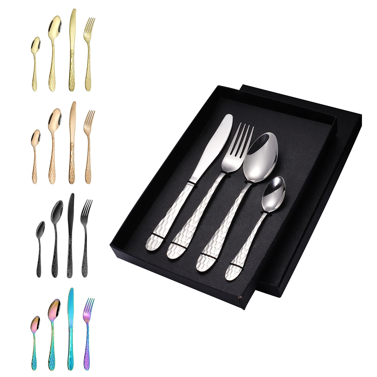 

Wholesale Reusable Portable Travel Silver Fork Spoon Knife With Gift Box Luxury Wedding Gold Plated Stainless Steel Cutlery Set, Silver, gold, rose gold,black,colorful,customizable