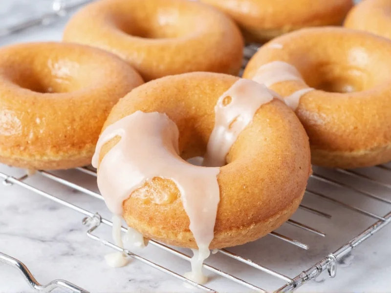 Homemade donuts resting on wire rack with glaze drip