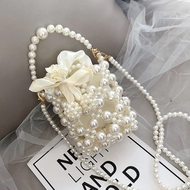 

Women Pearl Weave Handbag Noble Crystal Beaded Evening Bag Wedding Clutch With Pearl Handle, Customized color