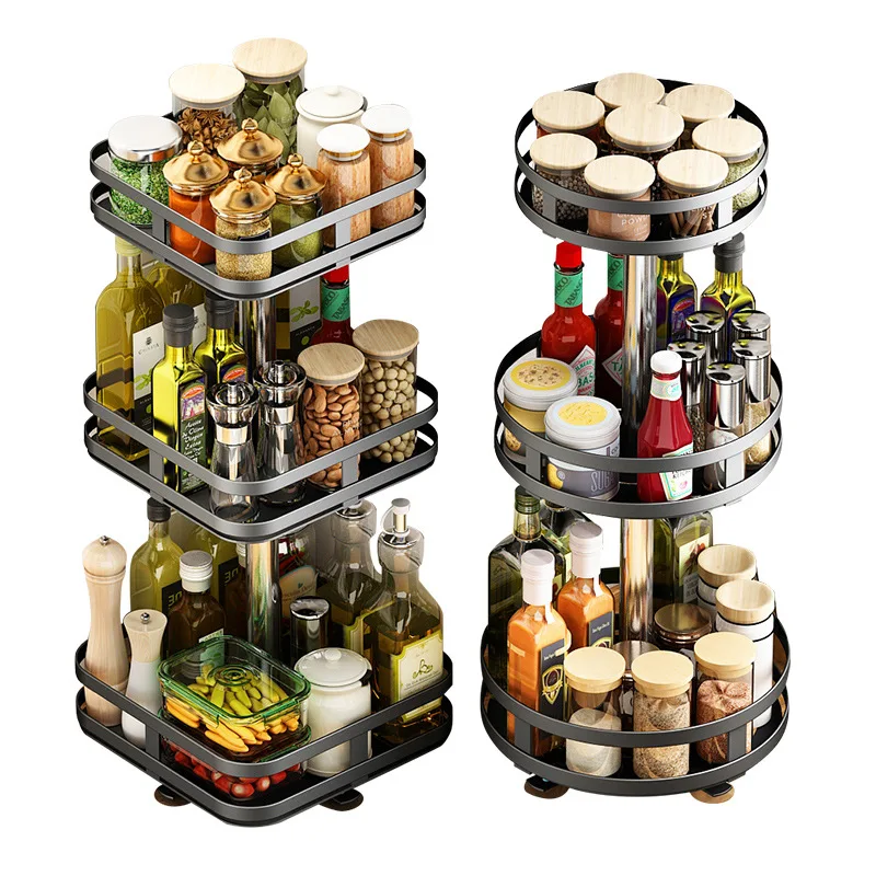 

Aluminum Alloy revolving kitchen spice jar bottle rack 1/2/3 tier Multifunction rotating spice Storage organizer rack, Natural