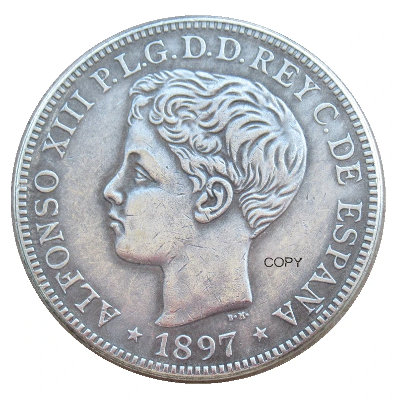 

Reproduction Philippines 1 Peso - Alfonso XIII 1897 Fleur-de-lys Edge Silver Plated Antique Custom Coins