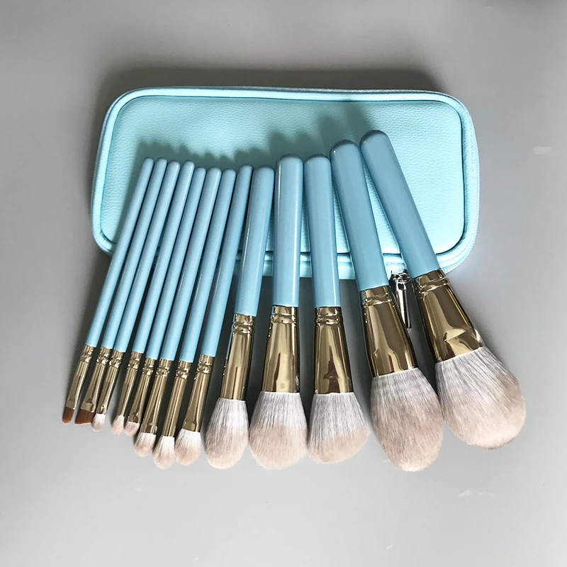 

13 pieces deluxe blue makeup brush set with high quality PU zipper bag small MOQ with your own brand