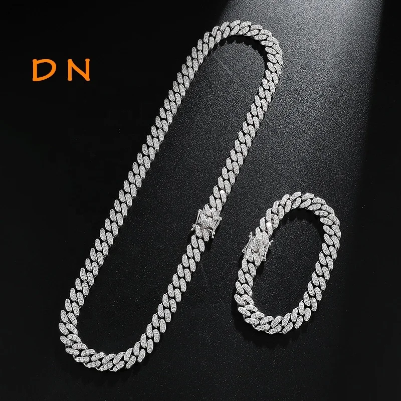 

Dina Hip Hop Wholesale 10mm Width Iced Out Diamond Brass Copper Cuban Link Chain Necklace Bracelet Set For Man, Gold,silver