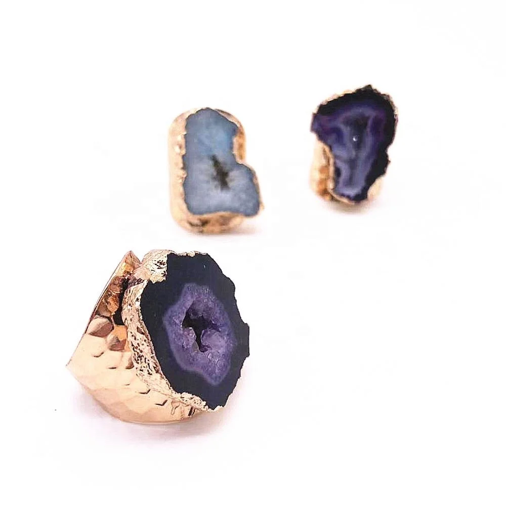 

Druzy Geode Agate Ring With Gold Plated Multi Color Druzy Ring In Adjustable