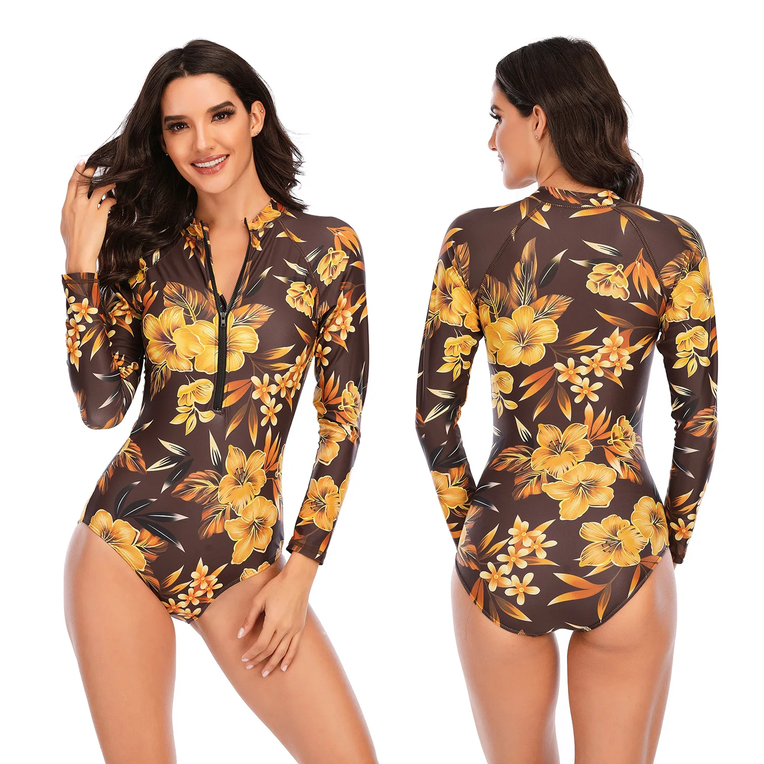 

2021 Gold Floral Sport Swimsuits Bathing Suits One Pieces Women Swimwear Back Zipper Long Sleeve Diving Surfing Suits Wetsuits