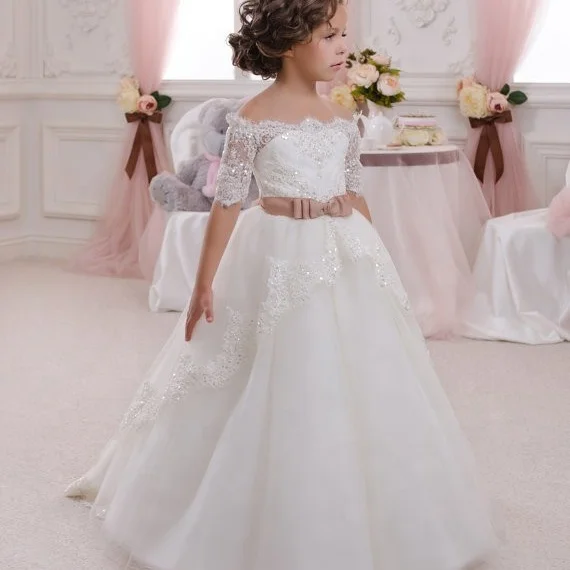 

lace flower girls ball gown dresses with bow first communion dresses for girls half sleeves holy communion dresses for girls, White ivory