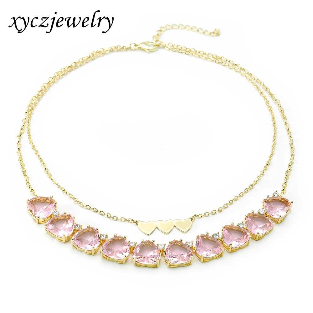 

Luxury Brass Double-layer chain Jewelry 18K Gold Plated Pink Glass Heart Stacked Necklaces, Red