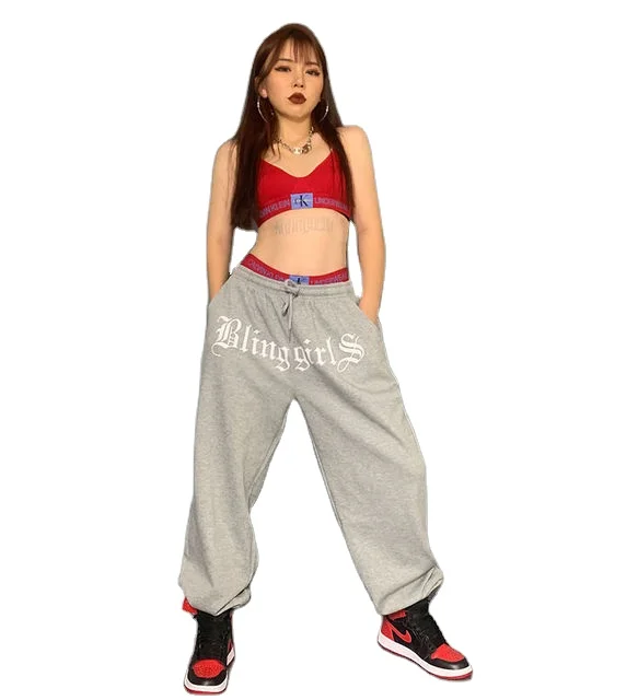 

Hip Hop Loose Custom Print Track Pants Bell Bottom Jogger Pants Women, Black/gray/customized color