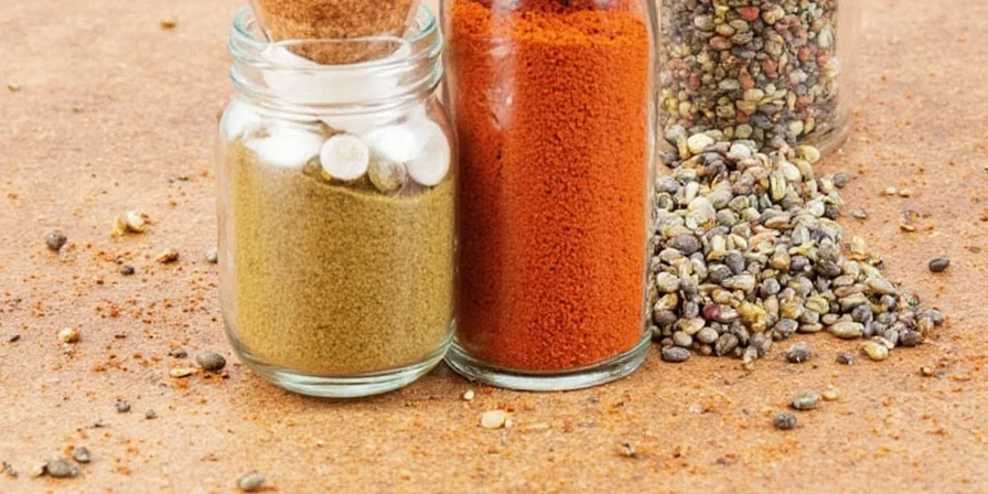 Spice shelves divided by cuisine