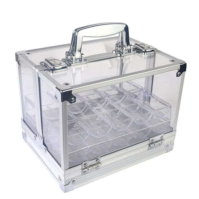 

High Quality 600PCS Portable Poker Chips Suitcase Large Cases With Password Acrylic Transparent Double Open Coin Boxes