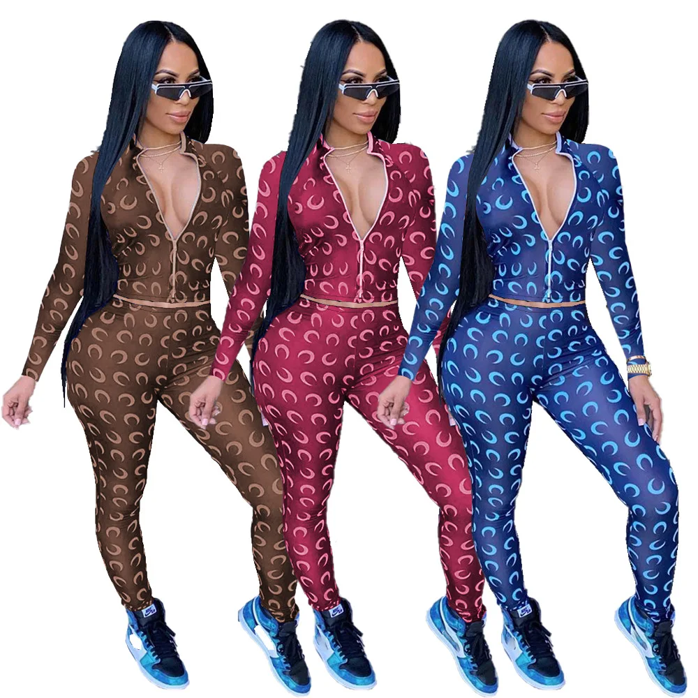 

2 piece set women winter Elastic Waist pants set sexy long sleeved zipper pure color print trousers jogger Bodycon Outfits